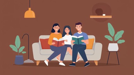 Vector illustration of a happy family reading books together on a couch, creating a calm and educational atmosphere in a cozy home environment
