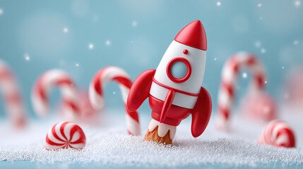 Christmas rocket toy with candy cane and peppermint decoration in snow with festive holiday atmosphere and joyful celebration