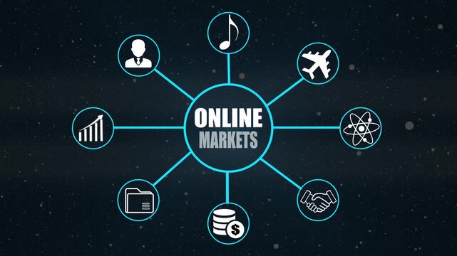 Online Marketing Strategy Diagram with Icons and Dark Starry 4k video Background digital marketing infographic