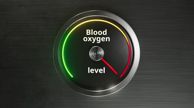 closeup blood oxygen dial showing level, respiratory therapist monitors pulse oximeter reading, brushed metal console, green to red arc, precise needle movement, clinical ambient lighting