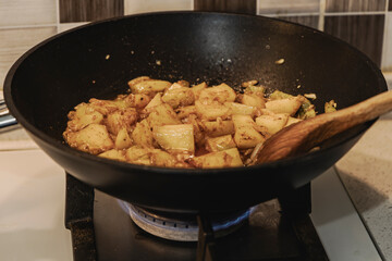 frying pan with meat