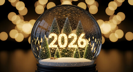 Festive 3D Snow Globe Containing Glowing 2026 Numbers Surrounded by Miniature Pine Trees and Falling Snowflakes Against a Warm Golden Bokeh Background Perfect for a Happy New Year Eve Merry Christmas 