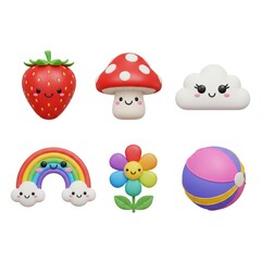 Vibrant and playful kawaii-style illustrations of a strawberry, mushroom, cloud, rainbow, flower, and beach ball.