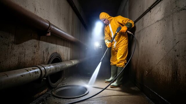 Man wearing protective suit and headlamp cleaning sewer system with high pressure washer. Underground water sanitation. Industrial worker footage.