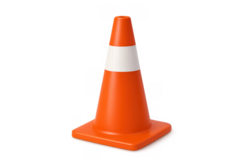 Orange traffic cone with white reflective band indicating roadwork, safety, caution, and warning on transparent background