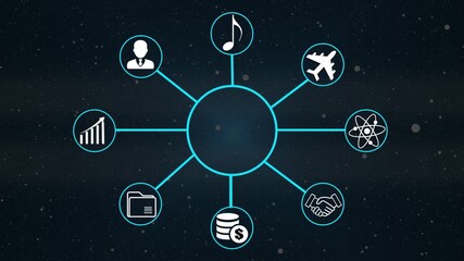 Business Concept Diagram with Icons and Starry 4k video Background No Central Text finance - Powered by Adobe
