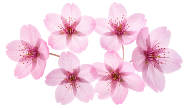 Pink cherry blossoms in full bloom on a thin branch