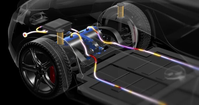 Electric vehicle chassis with visible battery and energy flow animation. Electric cars related 4K 3D Animation.
