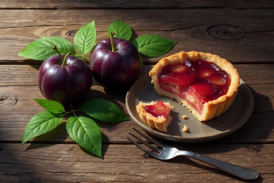 Plum tart with fresh plums and fork fruit tart pastry - Powered by Adobe