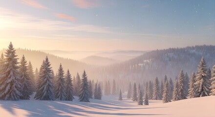 Obraz premium Serene Winter Landscape with Snow-Covered Pine Trees at Sunset