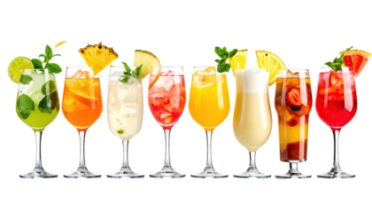 Row of colorful fruit cocktails, ice, & garnish against black