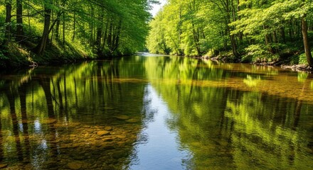 Obraz premium Calm river flows through a lush green forest with reflections visible