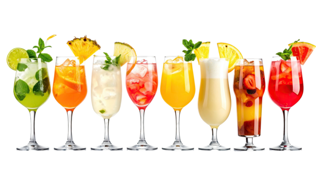 Row of colorful fruit cocktails, ice, & garnish against black