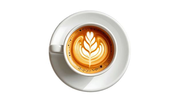 Latte art symmetrical leaf design on dark coffee in white cup