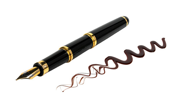 Elegant fountain pen and squiggly brown line on black backdrop