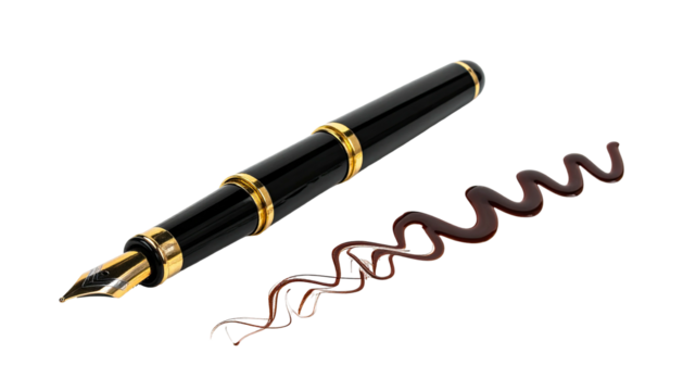 Elegant fountain pen and squiggly brown line on black backdrop