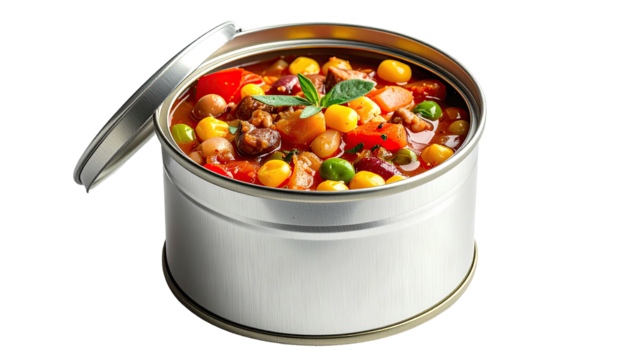 Hearty vegetable stew in a metallic can with lid