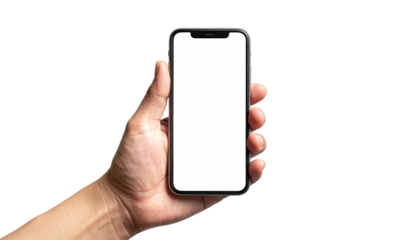 Hand holds modern smartphone. Screen is white. Black background