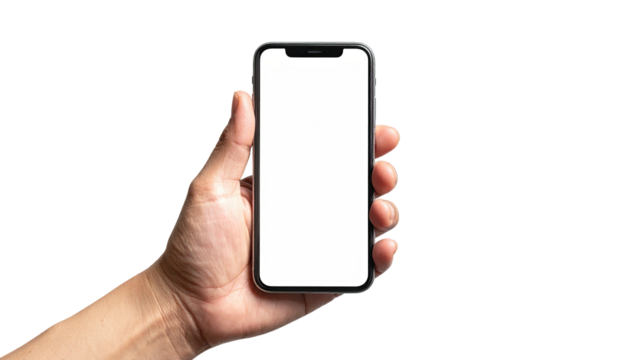 Hand holds modern smartphone. Screen is white. Black background