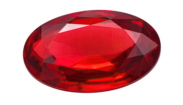 Gleaming oval red gemstone with cut facets against black