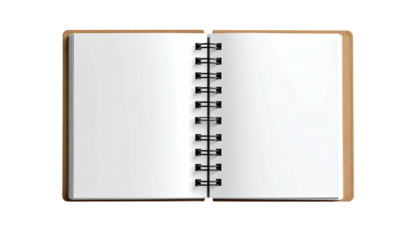 Open blank spiral notebook with brown cover, facing pages
