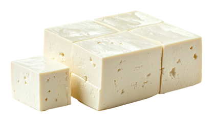 Stacked, cut, and cubed pale soy product against black