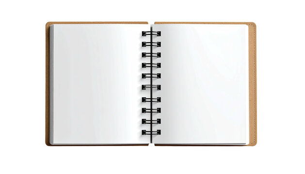 Open blank spiral notebook with brown cover, facing pages - Powered by Adobe