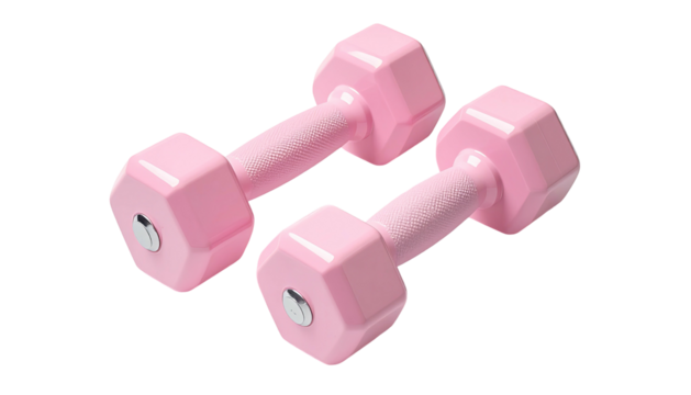 Pair of pink dumbbells with polygonal ends on a black background