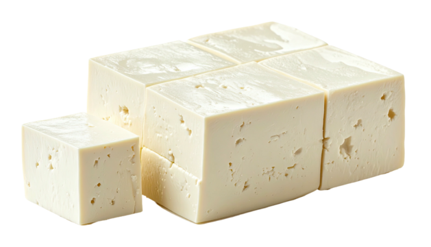 Stacked, cut, and cubed pale soy product against black