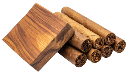 Stacked cigars with a wooden block