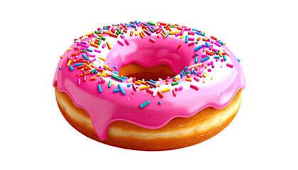 Glazed donut with pink frosting and colorful sprinkles on black