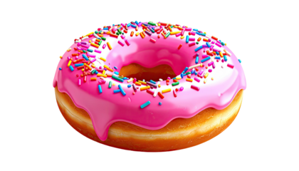 Glazed donut with pink frosting and colorful sprinkles on black