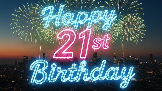 Blue and Pink Neon Happy 21st Birthday Text with Fireworks - Powered by Adobe