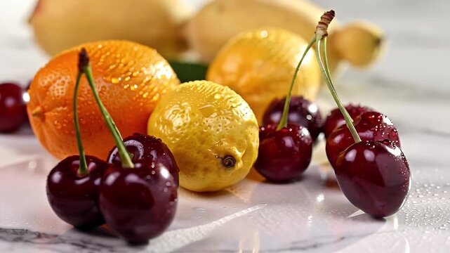 Assorted fresh apricots and cherries arranged on white patterned cloth for dessert presentation