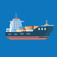 container ship pixel art, vector illustration on isolated background.