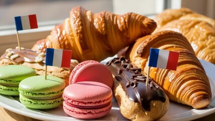 French pastries with macarons, eclairs, and croissants decorated with flags - Powered by Adobe