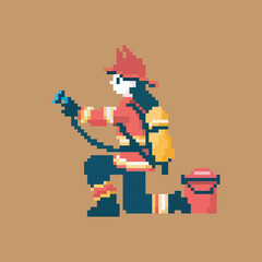 firefighter pixel art, vector illustration on isolated background.