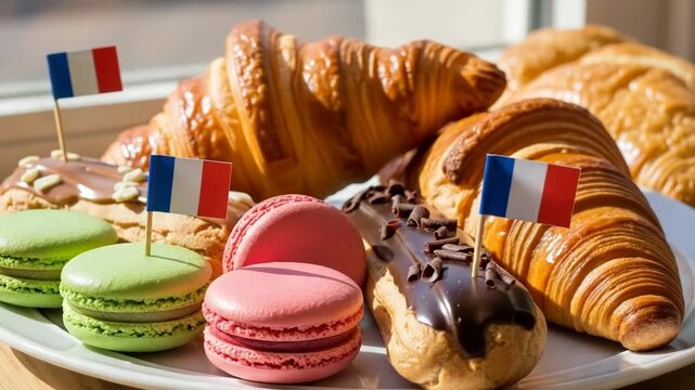 French pastries with macarons, eclairs, and croissants decorated with flags