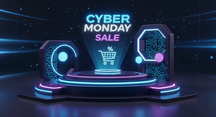 Futuristic cyber monday sale display with neon lights and shopping cart icon