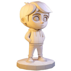 3D character model of bubblehead young boy stands confidently with hands pockets. design features smooth, transparent background, showcasing character