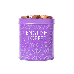 Delight in this beautiful tin of English toffee featuring transparent background that highlights its elegant design and rich assortment