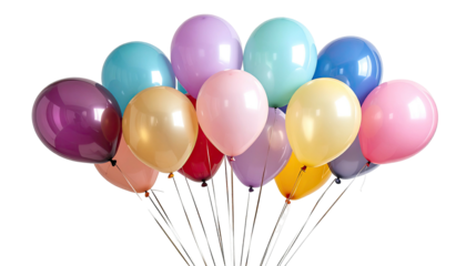 Cluster of colorful helium balloons, black background