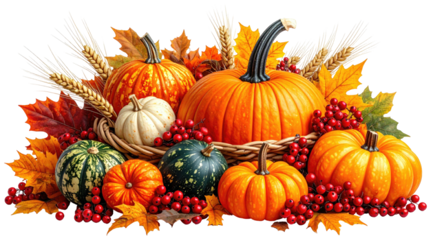 Pumpkins, leaves, berries and wheat in woven basket, autumn hues