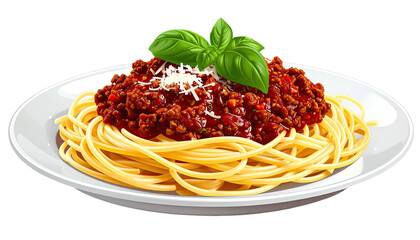 Plate of spaghetti topped with meat sauce, cheese, basil garnish