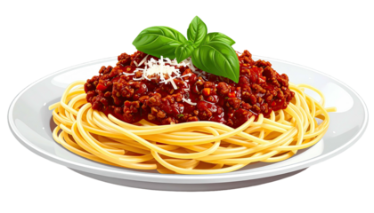 Plate of spaghetti topped with meat sauce, cheese, basil garnish