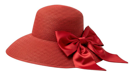 Elegant red straw sun hat with a satin bow isolated on transparent background