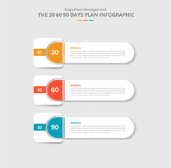 30 60 90 days management framework for infographic with drop shadow style with big round rectangle with square shape slice edge with 3 point list information