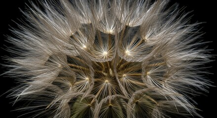 An exquisite extreme close-up view of a mature dandelion seed head, revealing its intricate details and delicate feathery texture ,flora ,dandelion ,ethereal