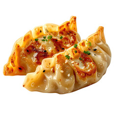 Close-up of two golden-brown, pan-fried Asian dumplings with sesame seeds