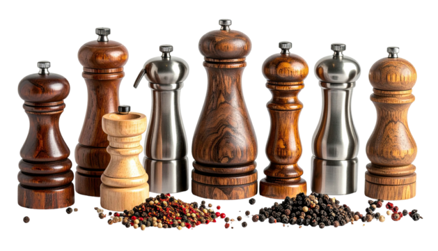 Wood and steel pepper mills clustered on scattered peppercorns